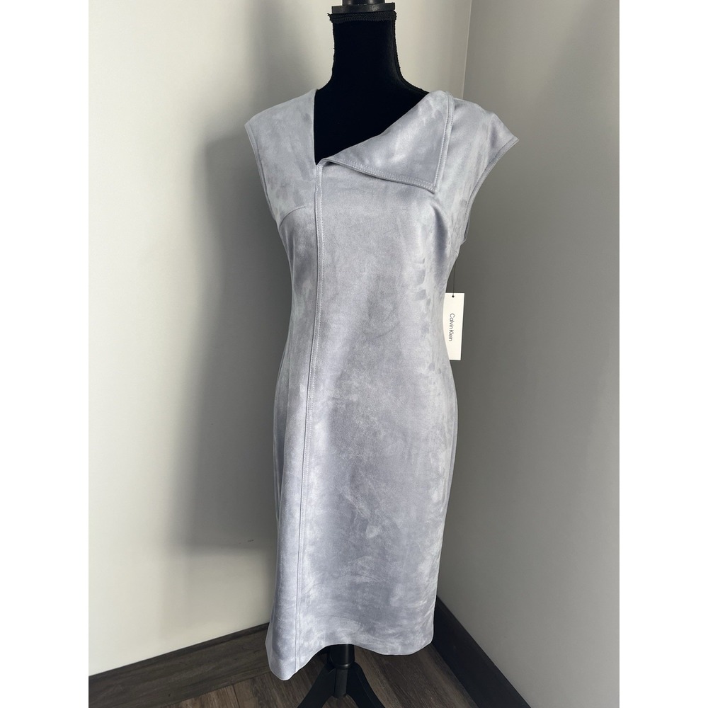 Calvin Klein Womens Faux Suede‎ Asymmetrical Foldover Sheath Dress Gray Blue 12